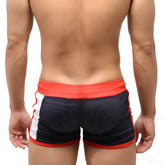 MetroMaleWear Punch Short navy 4709-28 black and red mesh athletic shorts with white side stripes and orange waistband