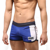 Blue and white mesh athletic shorts with black trim and metro male wear branded patch on the side