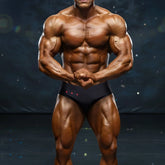 A muscular man wearing black metro malewear punch swim briefs with pink circular accents from the front