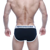 MetroMaleWear Punto Hip Brief black with white trim and a gray logo band designed for comfortable daily wear