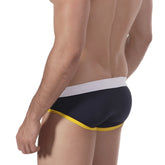 Navy blue metro malewear quantum swim brief 4916-82 with white waistband and yellow trim for swimming