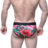 MetroMaleWear queen brief 6106-03 vibrant floral patterned men’s briefs with bold red pink blossoms and black waistband