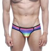 Rainbow-striped MetroMaleWear bikini briefs with black trim and a small red brand tag for men