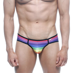 Rainbow-striped MetroMaleWear bikini briefs with black trim and a small red brand tag for men
