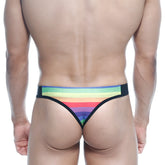 MetroMaleWear rainbow thong 2502-04 with rainbow stripes and black trim shown from the back side