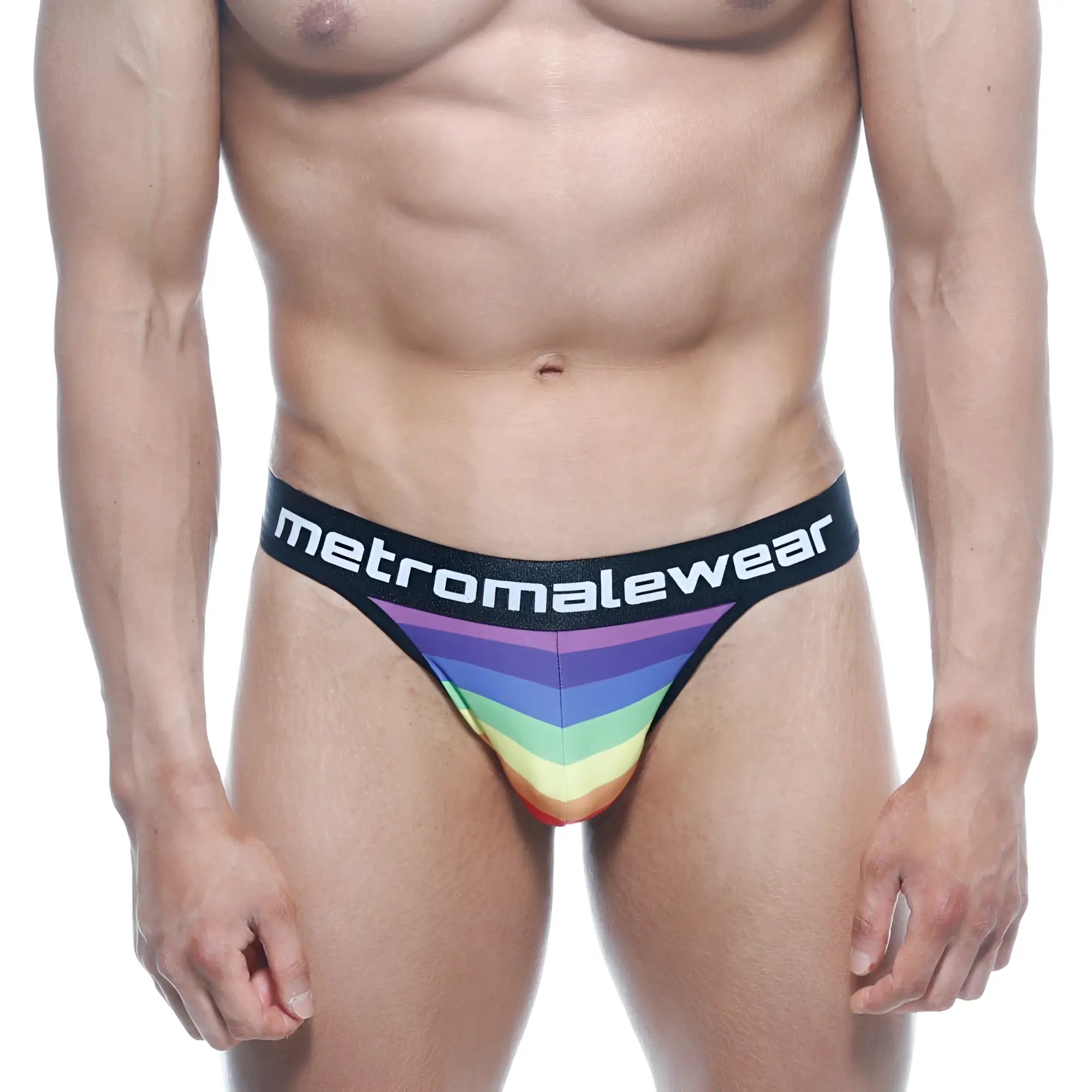 MetroMaleWear rainbow-striped men’s briefs with a black waistband featuring the metromalewear logo