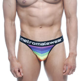 MetroMaleWear rainbow-striped men’s briefs with a black waistband featuring the metromalewear logo