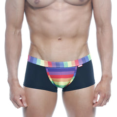 Black briefs metro malewear rainbow trunk 2026-04 with vibrant rainbow-striped waistband and front panel design