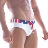MetroMaleWear Raya swim brief 4916-93 white trunks with american flag waistband and red drawstring for swimming