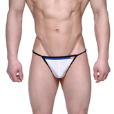 MetroMaleWear Reef string white thong with black trim and blue waistband stripe featuring small red logo on side