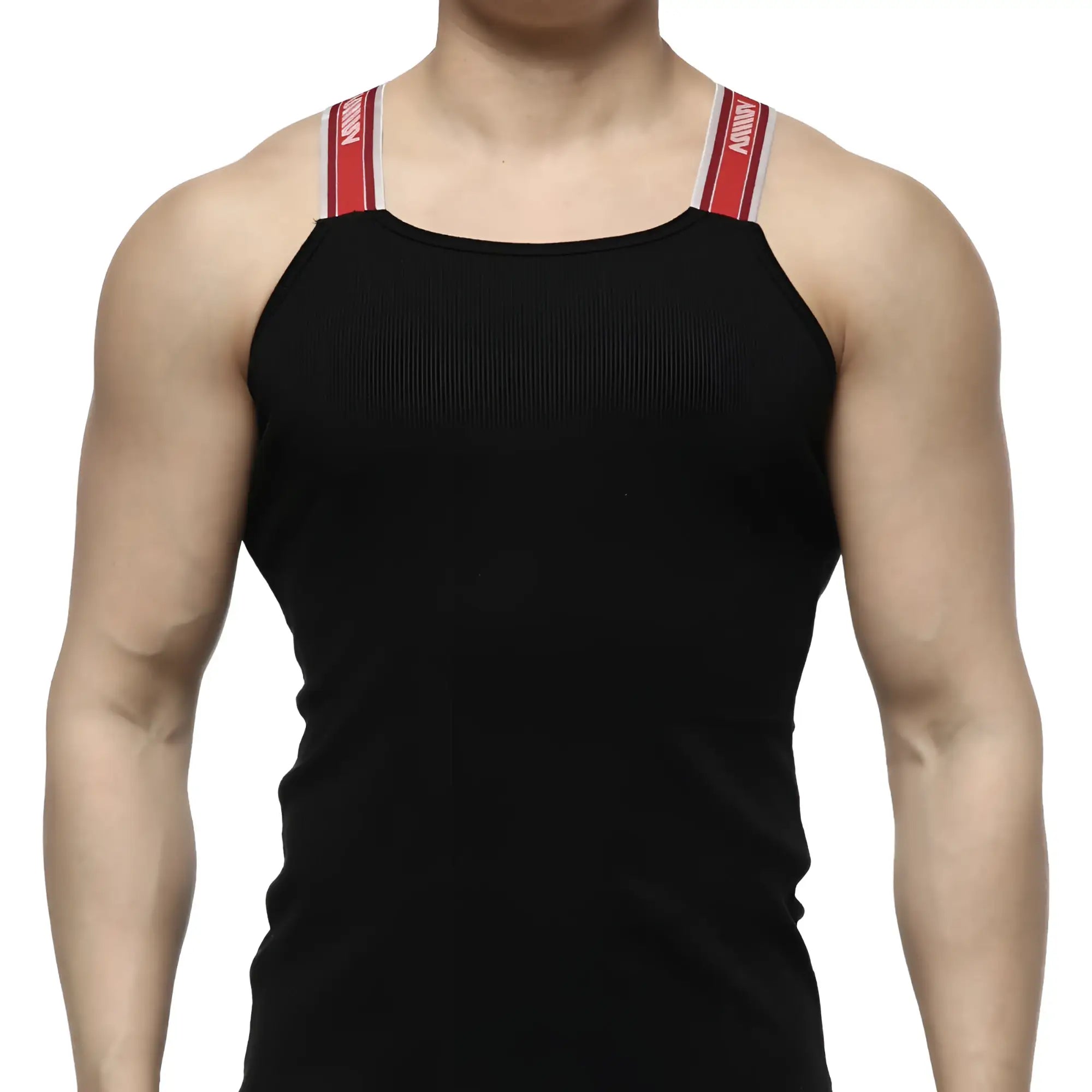 Black tank top with red and white striped shoulder straps and metro malewear branded logo model 3124-20