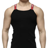 Black tank top with red and white striped shoulder straps and metro malewear branded logo model 3124-20