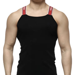 Black tank top with red and white striped shoulder straps and metro malewear branded logo model 3124-20