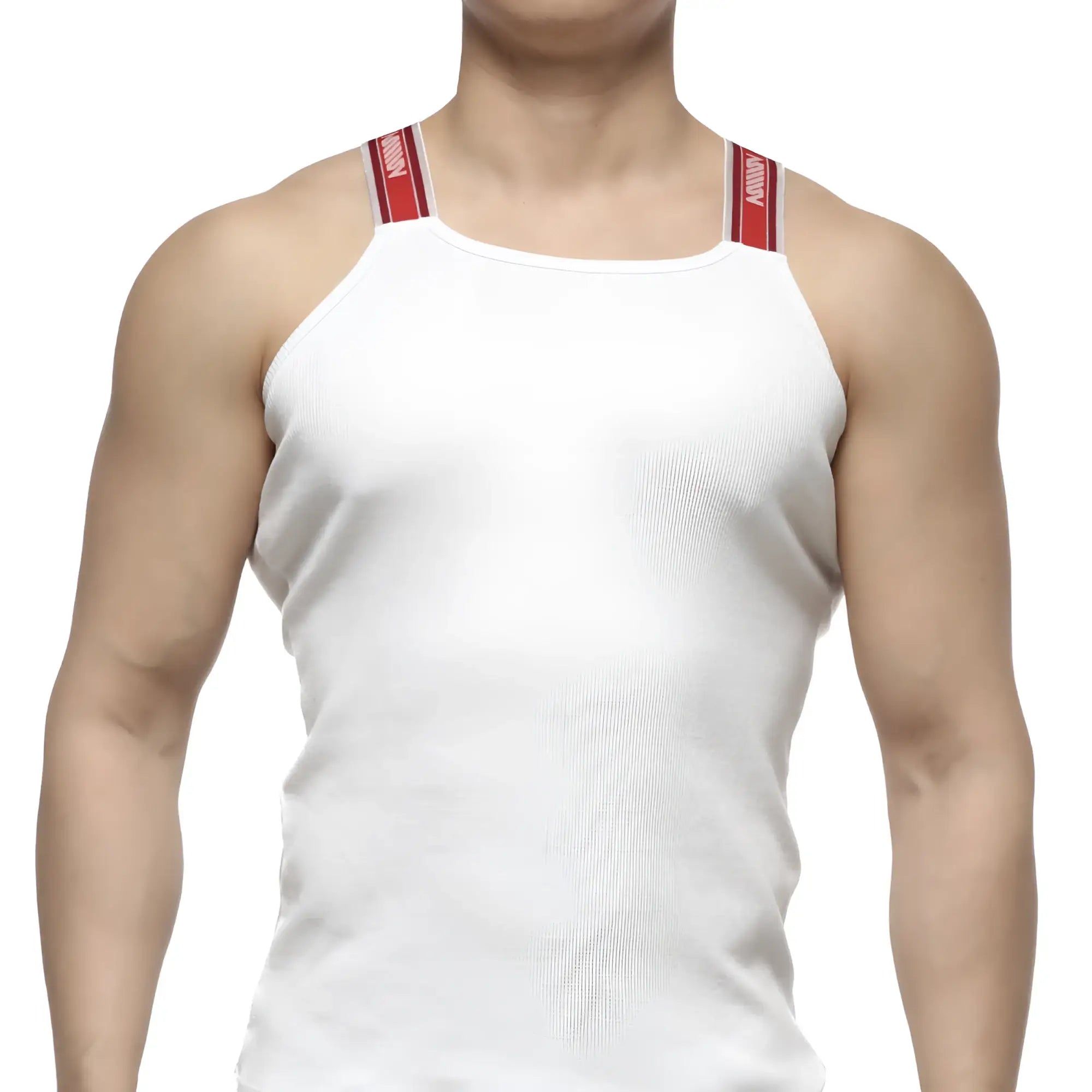 White ribbed MetroMaleWear relaxed tank top with red and white striped shoulder straps for casual wear