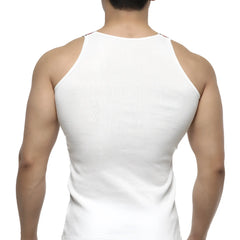 White ribbed tank top with thin straps by Metromalewear featuring a relaxed fit for casual comfort