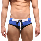 MetroMaleWear Reno swim brief black blue and black with white waistband and drawstring for swimming and beachwear