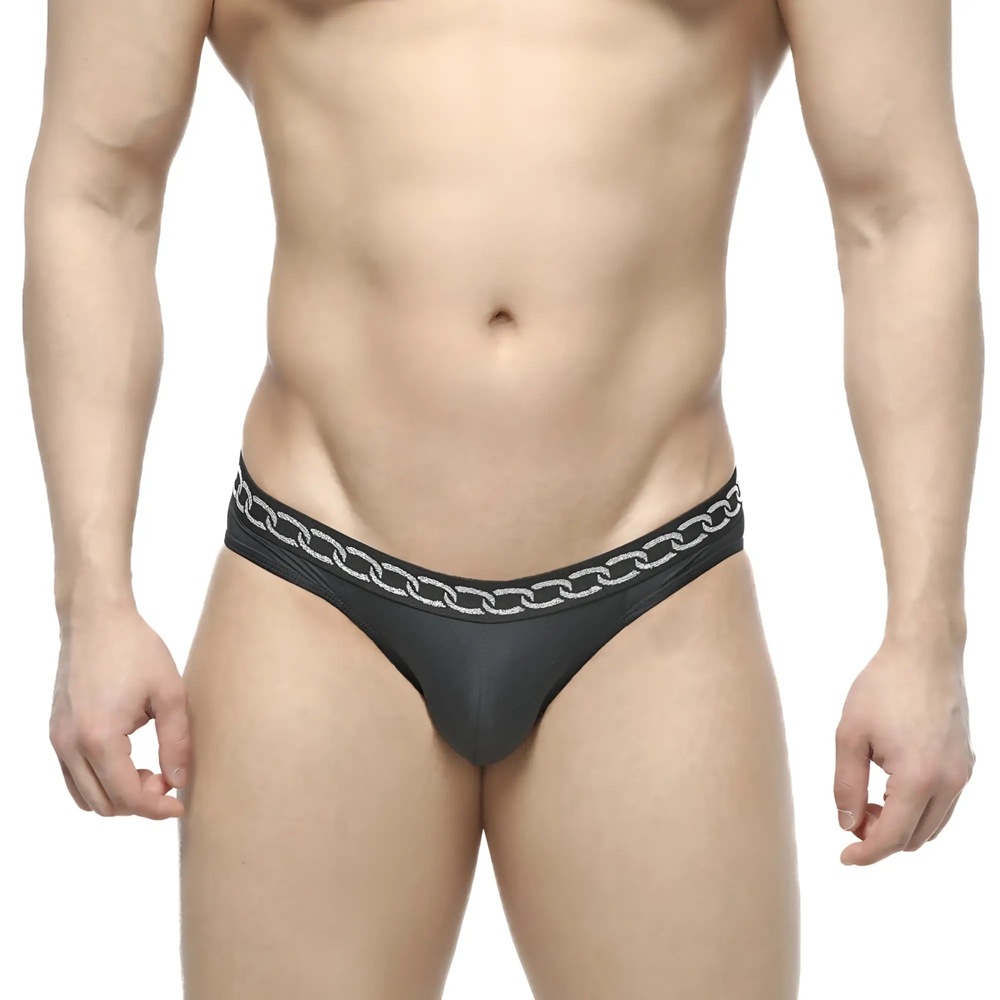 Metro malewear rhapsody bikini black thong with silver chain pattern along the waistband showing the back side