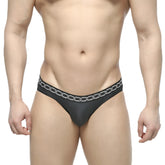 Metro malewear rhapsody bikini black thong with silver chain pattern along the waistband showing the back side