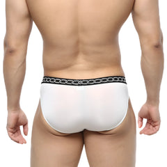 MetroMalewear rhapsody bikini white mens briefs with black waistband and silver chain pattern for stylish comfort