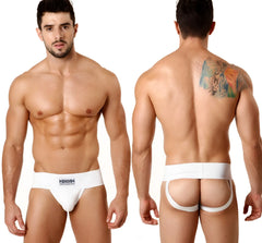 White rib cotton classic jock strap by metromalewear with branded waistband logo showing the front side