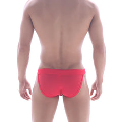 Bright red form-fitting swim bikini by MetroMaleWear with smooth fabric and contoured design for swimming use