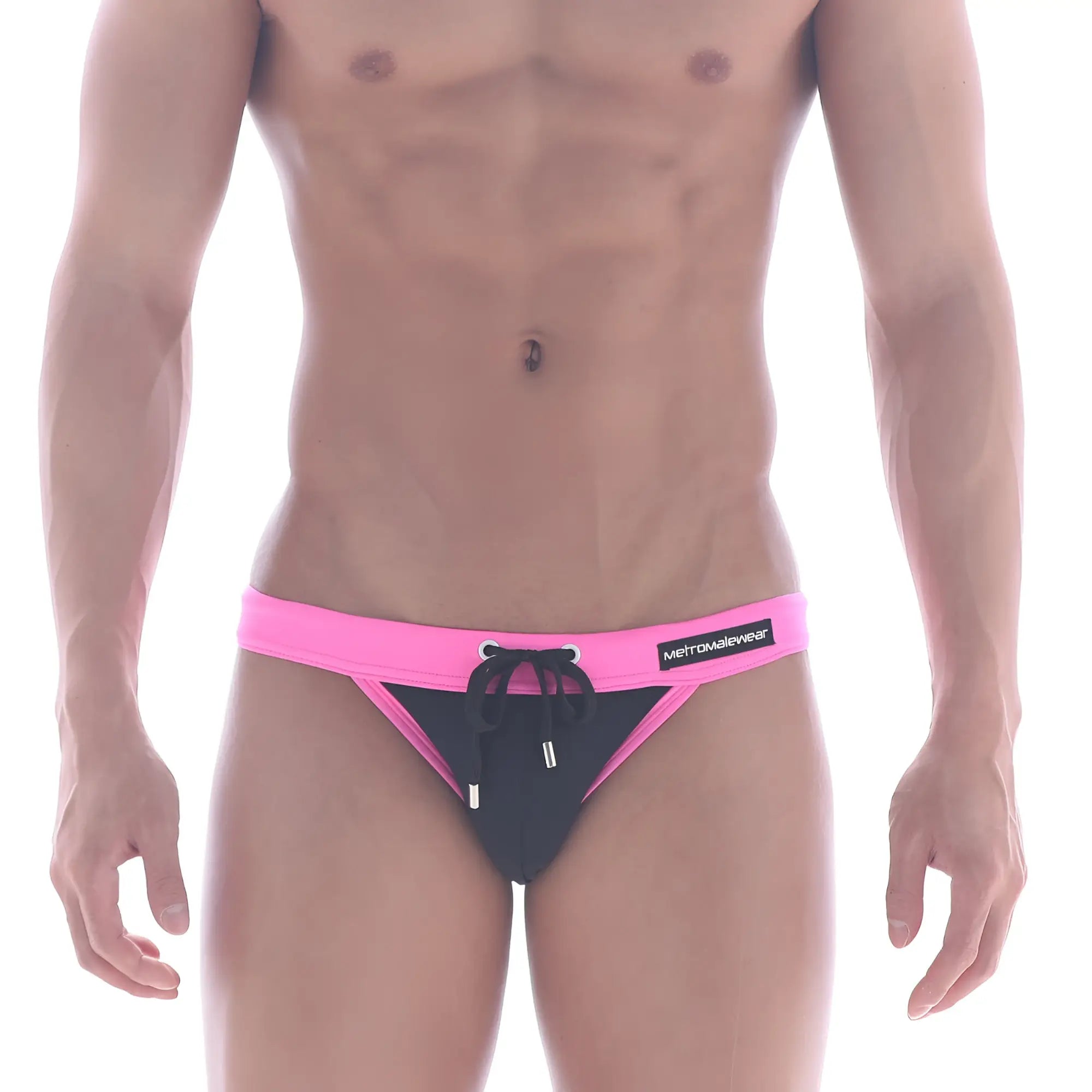 MetroMalewear rio swim bikini black 4949-20 featuring black and pink trunks with bright pink waistband and logo