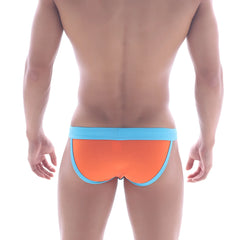 MetroMaleWear Rio swim bikini bright orange with light blue elastic waistband and trim for beachwear