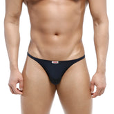 Black men’s navy thong with small red and white MetroMaleWear brand tag at front for romantic wear
