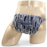 MetroMaleWear romantic bikini skyscraper swim trunks with black and white illustrated cityscape pattern