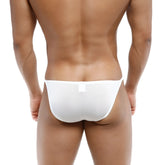 MetroMaleWear romantic bikini white 6008-00 back view with form-fitting seamless fabric and small rectangular tag