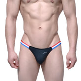Black men’s thong with red white and blue striped waistband and mew logo by MetroMaleWear Romeo 3612-20