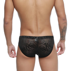 MetroMalewear rosa bikini 5103-M31 black lace briefs with intricate rose pattern front view