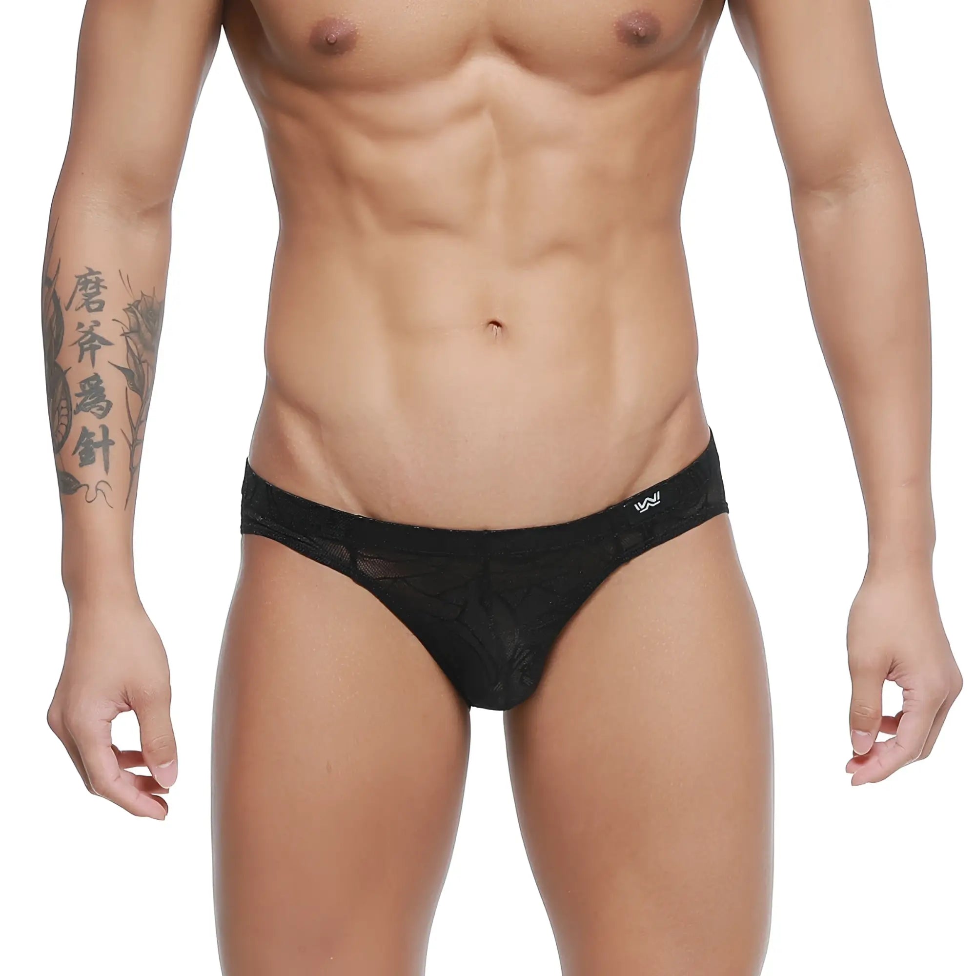 Black lace men’s briefs with subtle pattern and small white logo on waistband metro male wear rosa bikini 5103-m31