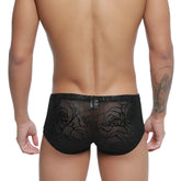 Black lace briefs with intricate rose pattern by metromalewear rosa trunk 2125-31 showcasing front view
