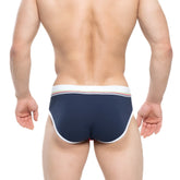 Navy blue MetroMaleWear Rudolf Brief 5203-29 briefs with white trim and rainbow stripe waistband for comfortable wear