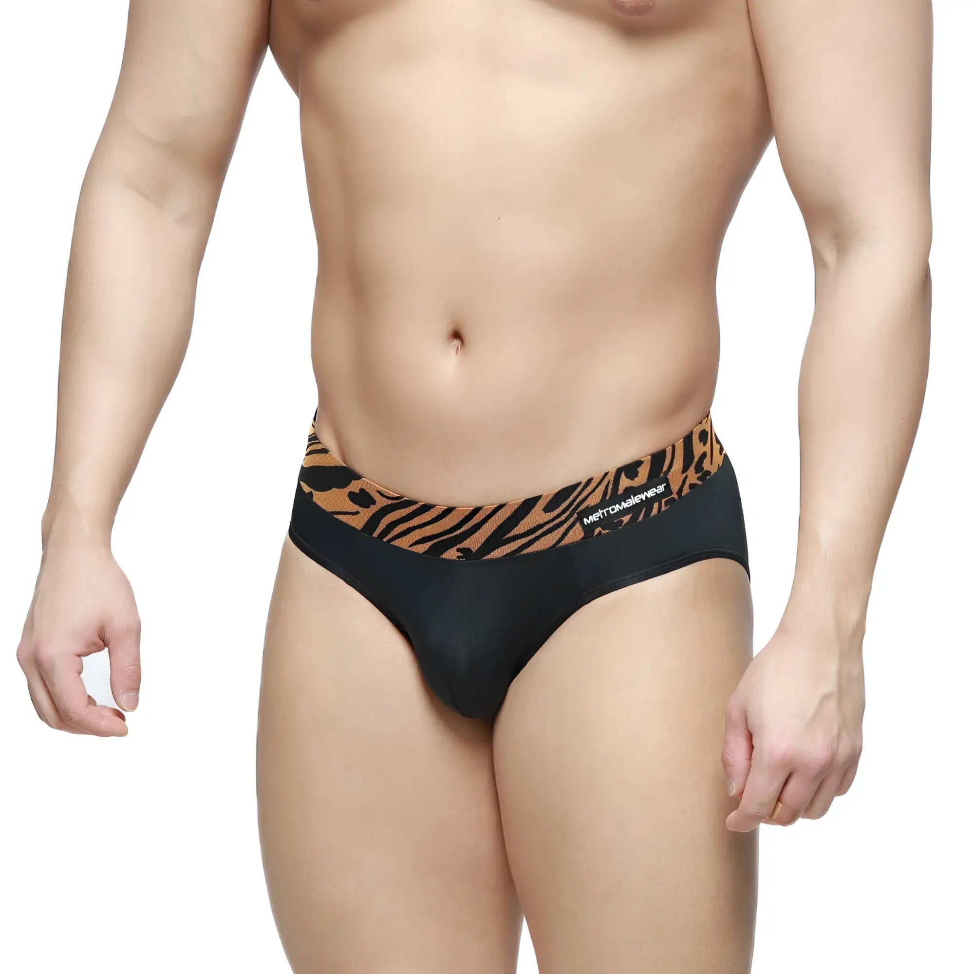Black briefs metroMaleWear sabana brief 5003-55 with bold orange and black tiger stripe waistband and metconverse logo