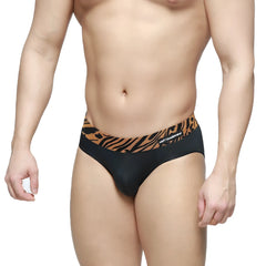 Black briefs metroMaleWear sabana brief 5003-55 with bold orange and black tiger stripe waistband and metconverse logo