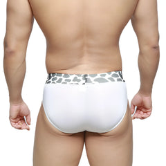 White briefs with gray and white giraffe print waistband from metromalewear sabana brief 5003-54