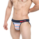 Navy blue and white striped mens briefs with red accent stripe and army branded waistband metro male wear sailor stripe bikini