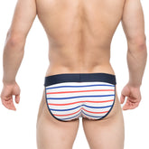 Striped men’s briefs in white red and blue with navy waistband from MetroMaleWear Sailor Stripe Bikini 3004-75