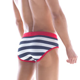 MetroMaleWear sailor swim brief 4916-40 navy and white striped briefs with red trim front view for men