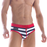 MetroMaleWear Sailor swim brief 4916-40 striped red white and navy blue trunks with red drawstring waistband