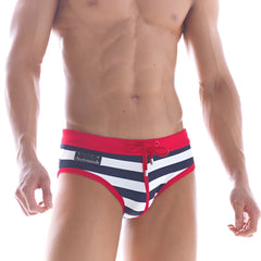 MetroMaleWear Sailor swim brief 4916-40 striped red white and navy blue trunks with red drawstring waistband