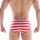 Metro male wear sailor swim brief red 4934-41 in red and white stripes with purple trim ideal for swimming