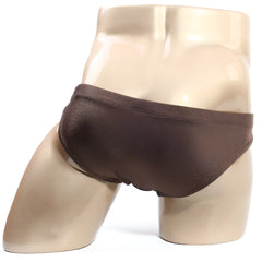 Brown shiny fabric briefs on a mannequin metroMalewear santorini swim bikini gold 4921-S21 front view