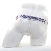 White satin silk jock strap with gray milk logo band from MetroMaleWear in ivory color front side view