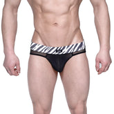 Black mesh briefs with bold black and white zebra-striped waistband and small logo MetroMaleWear Savage Bikini black 6105-50