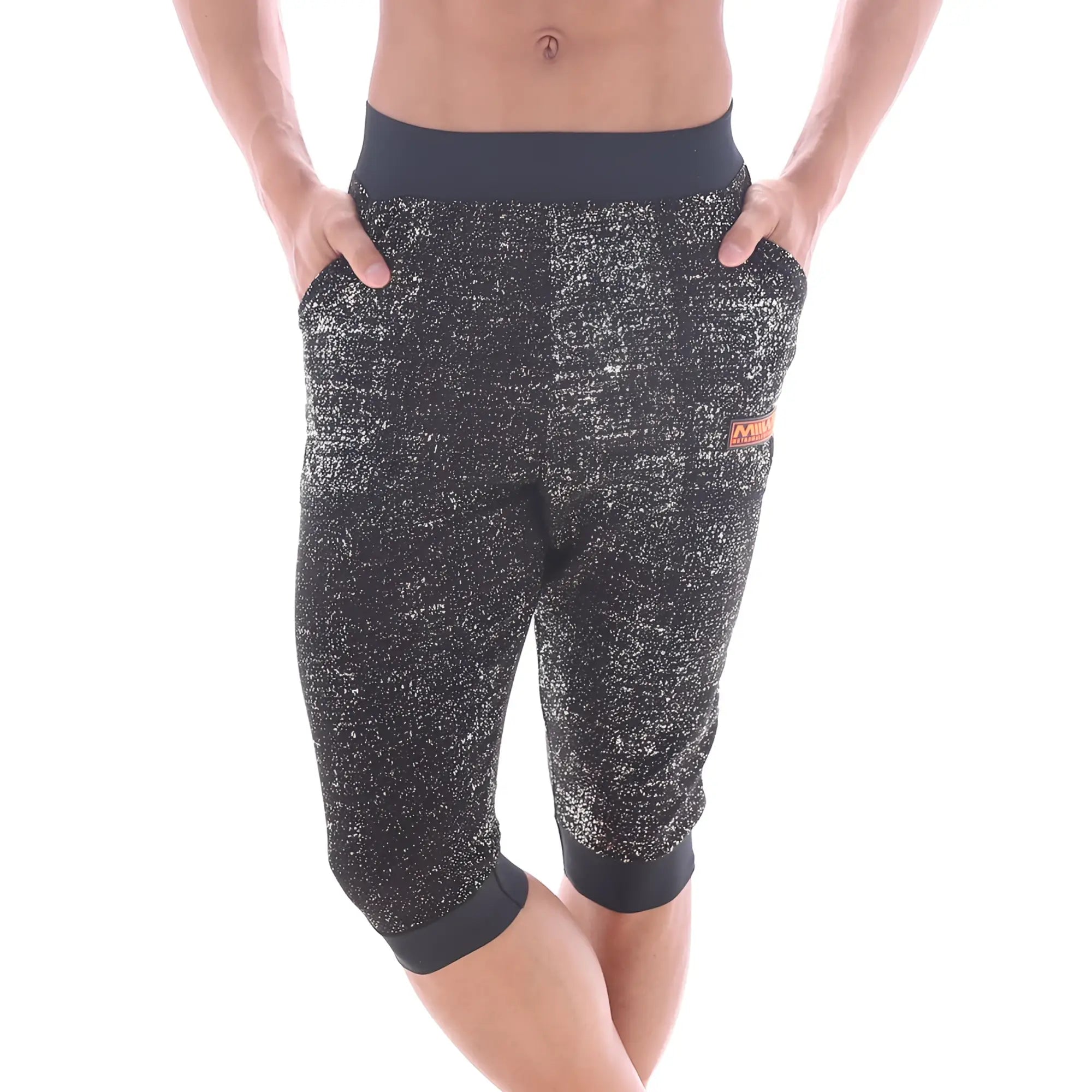MetroMaleWear Scandinavia gym shorts black 4711-20 speckled black and silver capri pants with black waistband and cuffs