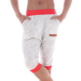 Gray heathered capri pants with red elastic waistband and cuffs featuring orange logo patch from MetroMaleWear Scandinavia