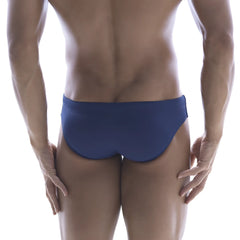 Blue smooth form-fitting swim trunks metroMalewear Scottish swim brief designed for comfortable swimwear use